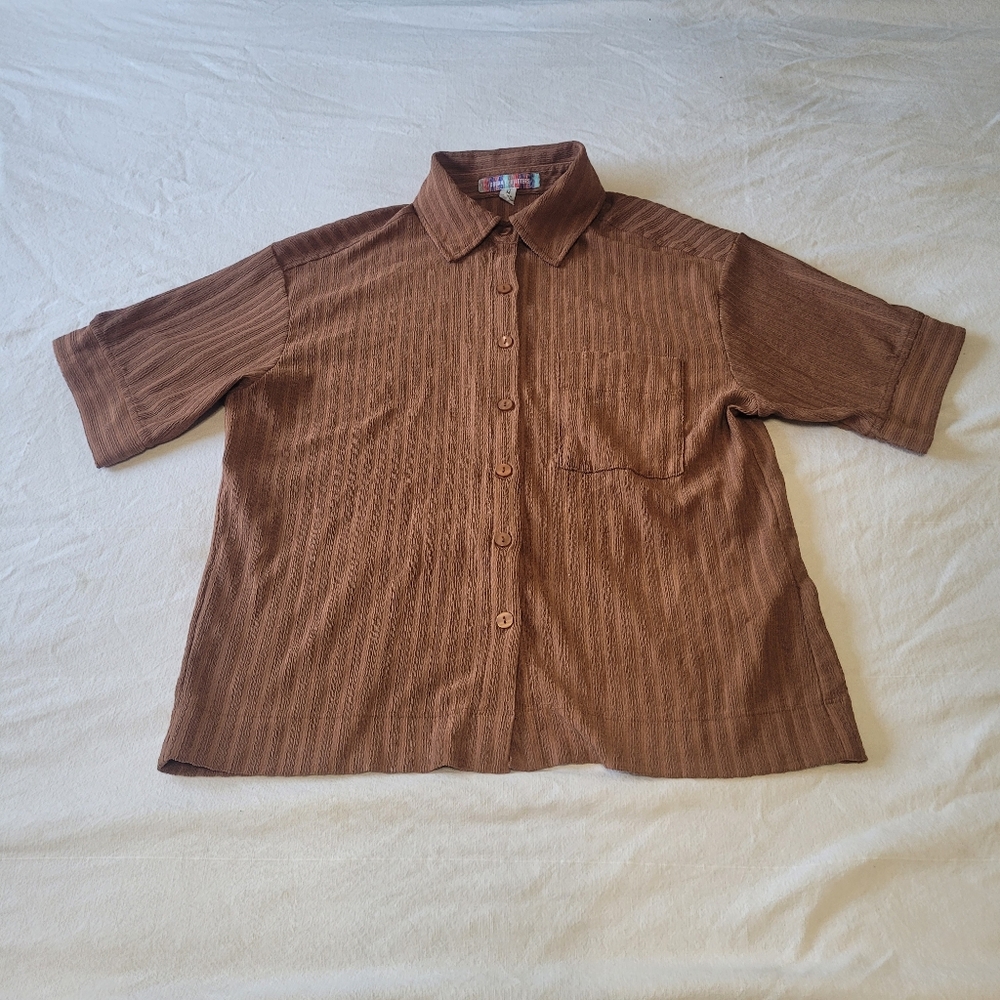 Urban Outfitters Button Up Shirt Womens M Boxy Brown Woven Stripes Retro 1970s